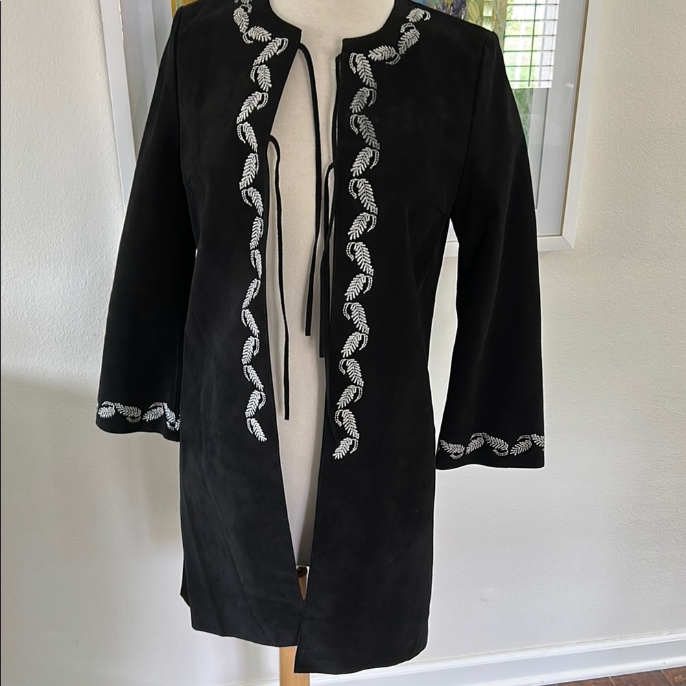 Alexa Chung for AG black suede coat with white embroidery.